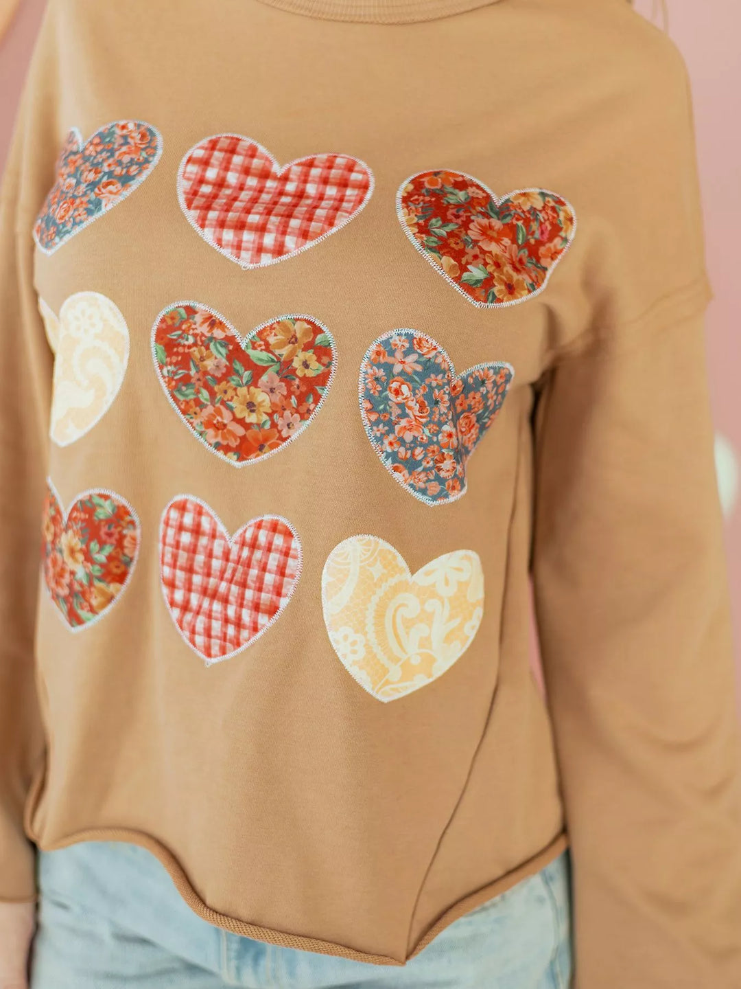 Plaid Floral Heart Stitched Exposed Seam Mineral Wash Sweatshirt