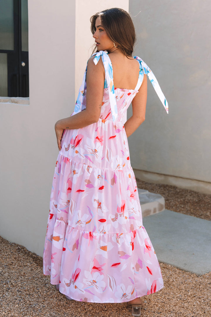 Robe longue smockée à imprimé floral rose et épaules nouées