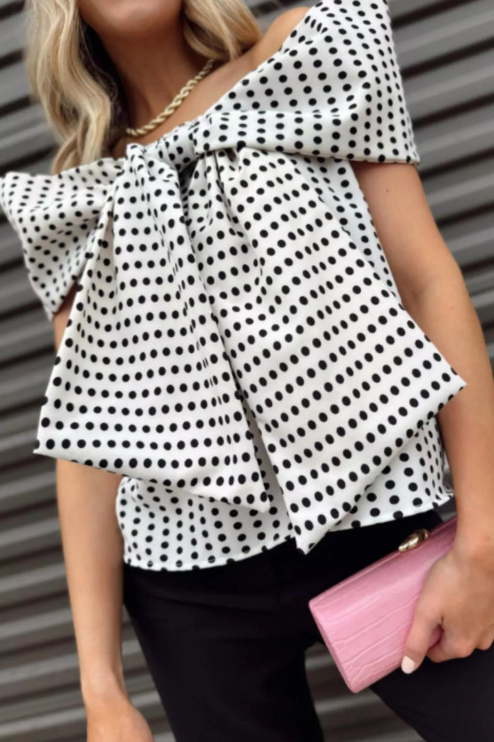 Polka Dot Off Shoulder Bow Knot Short Sleeve Blouse