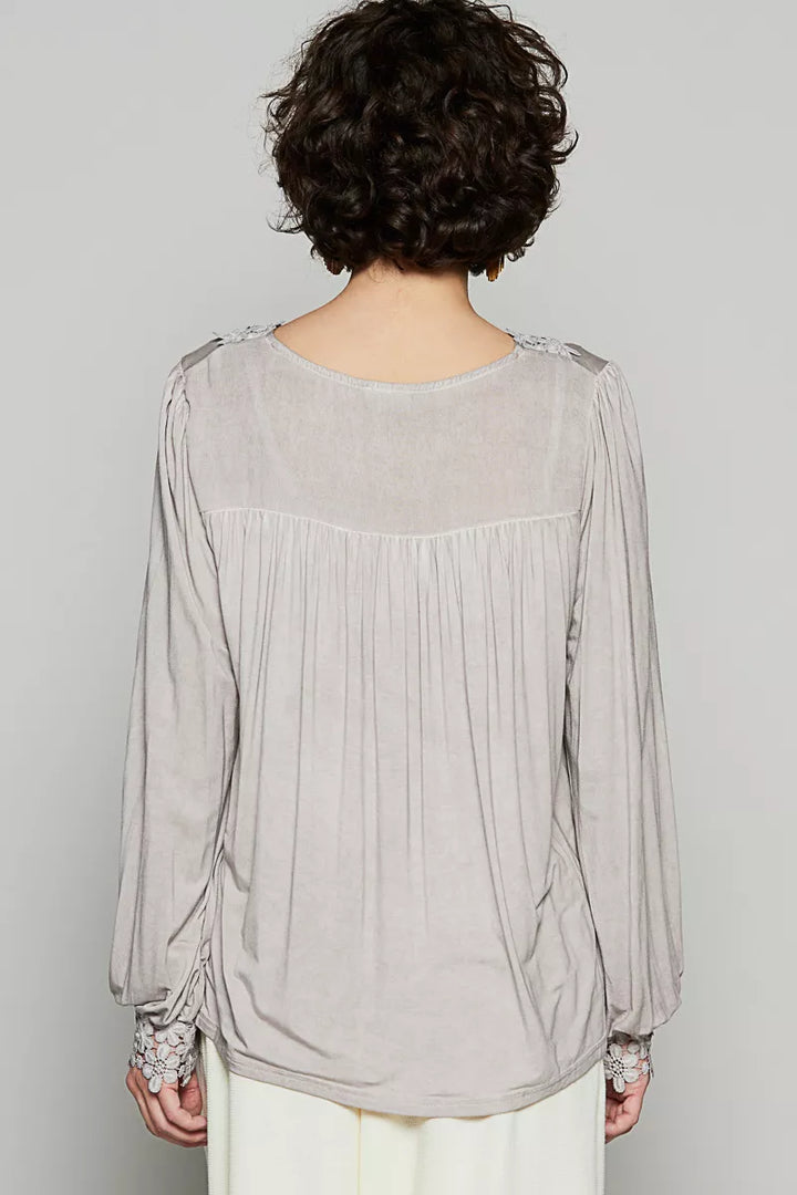 POL Floral Embroidery Woven Top with Lace Trim