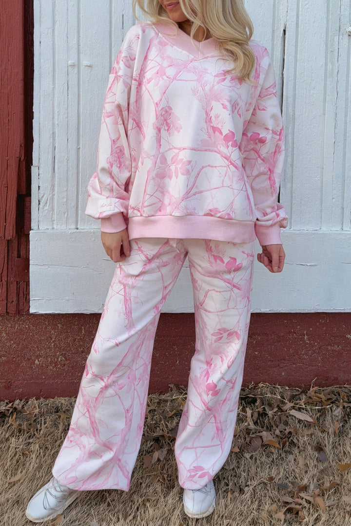 Pink Abstract Plant Print Long Sleeve V Neck Pant Set
