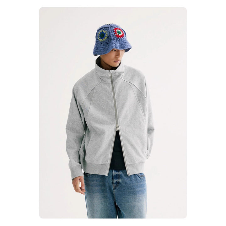 Retro Solid-color Curved-cut Stand-collar Zip-up Hoodie