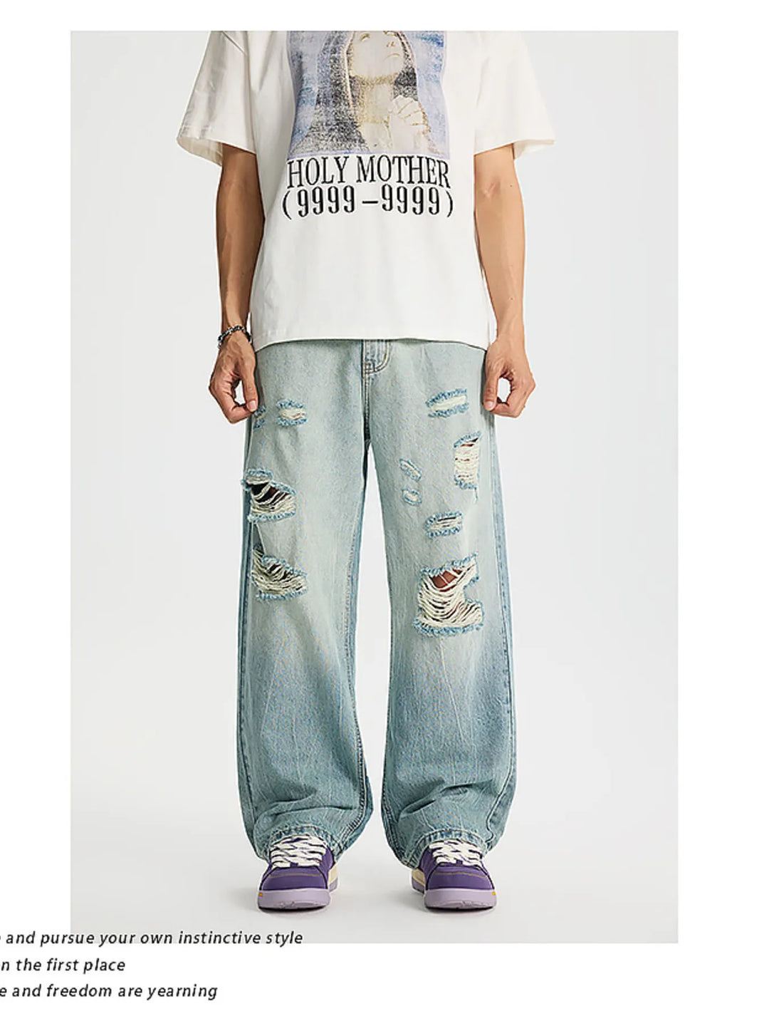 Men's Full Size Distressed Wide Leg Jeans Plus Size