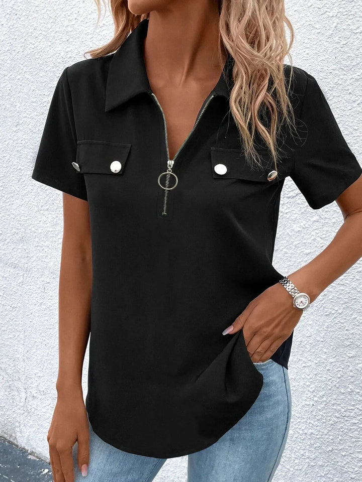 Zip Collar Short Sleeve Top