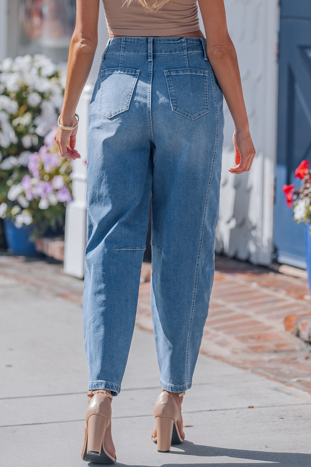 Sky Blue Medium Wash Cuffed Barrel Jeans