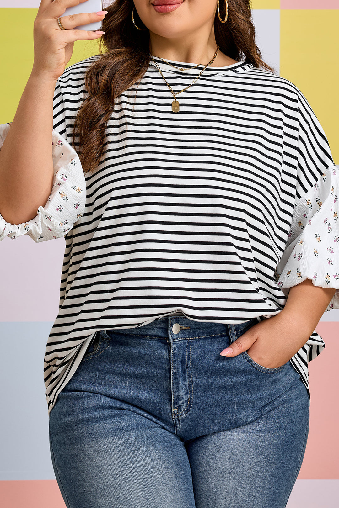 Black Stripe Plus Size Striped Short Sleeve Top with Floral Puff Sleeves