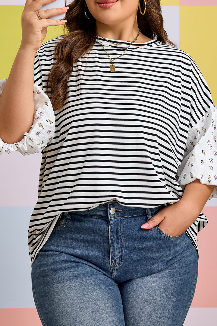 Black Stripe Plus Size Striped Short Sleeve Top with Floral Puff Sleeves