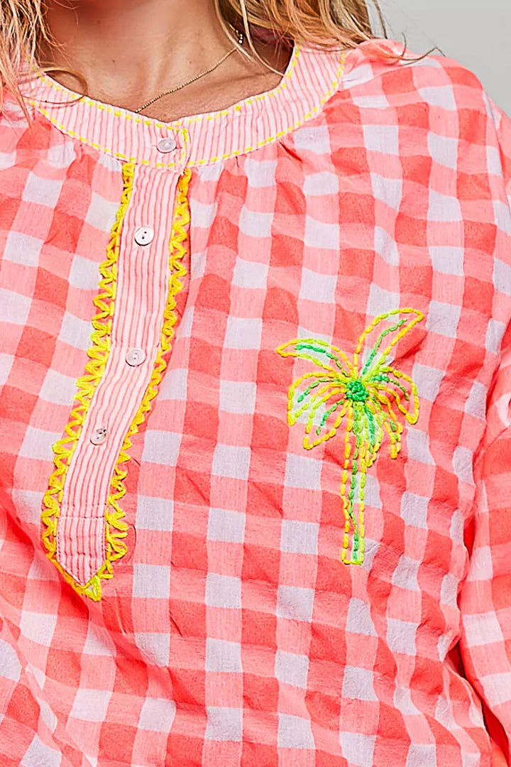 POL Gingham Embroidered Palm Tree Blouse