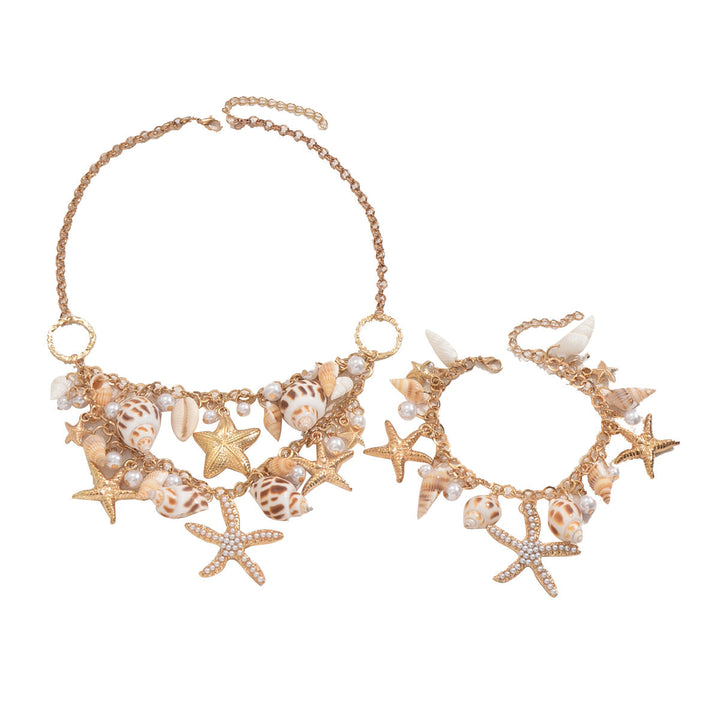Cross-border European American Ocean Style Women Jewelry Set, Unique Starfish & Shell Inlaid Pearl Design Matching Necklace & Bracelet Accessories