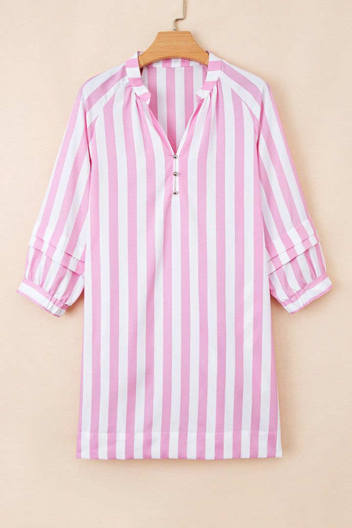 Rose Stripe Bracelet Sleeve Buttons Loose Mini Dress