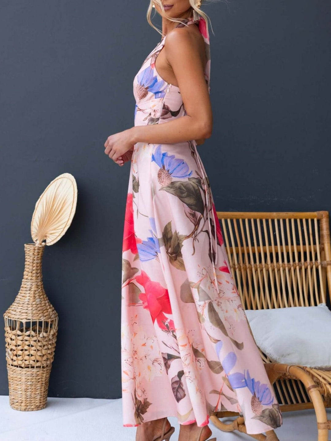 Floral Print Halter Neck Maxi Dress