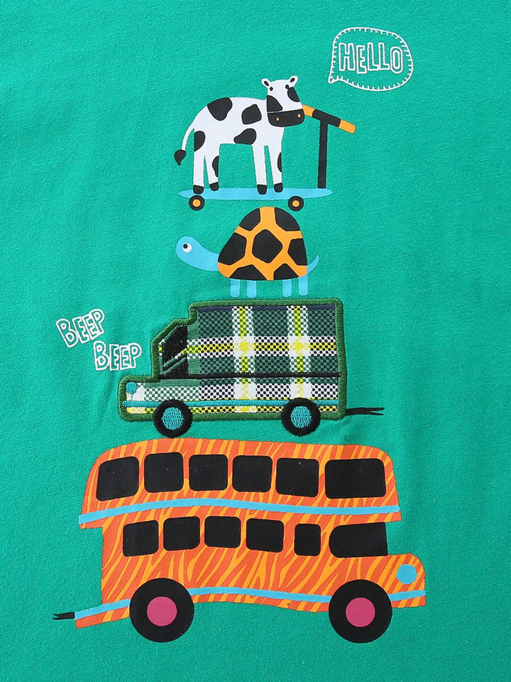 Children's Playful Vehicle Print T-shirt and Plaid Shorts Set