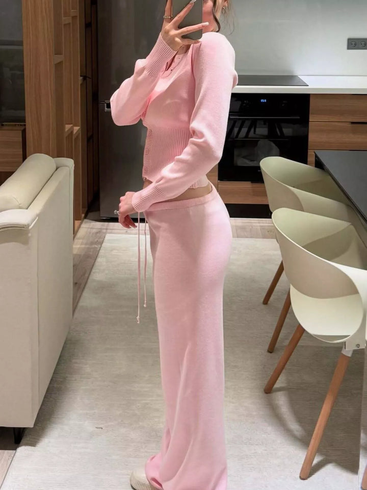 Button Up Cardigan and Pants Knit Set
