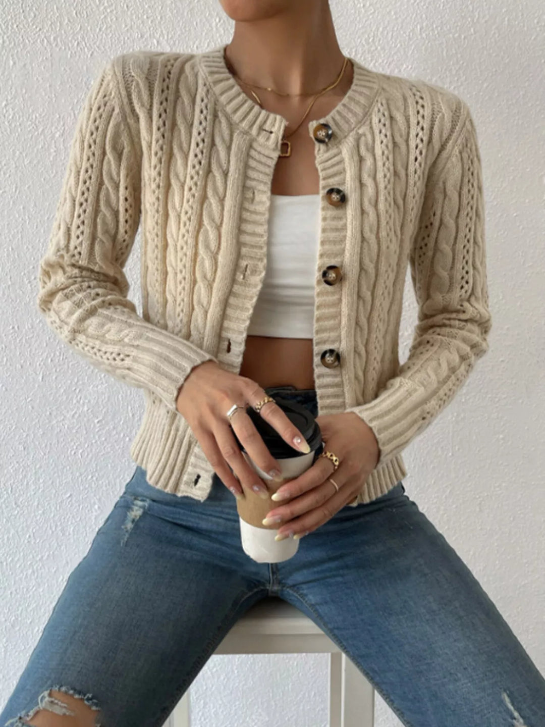 Cable Knit Button-Up Cardigan
