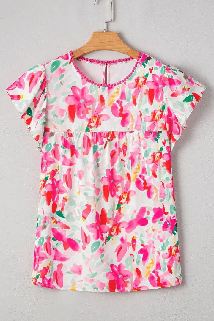Floral Print Ruffle Sleeve Round Neck Blouse