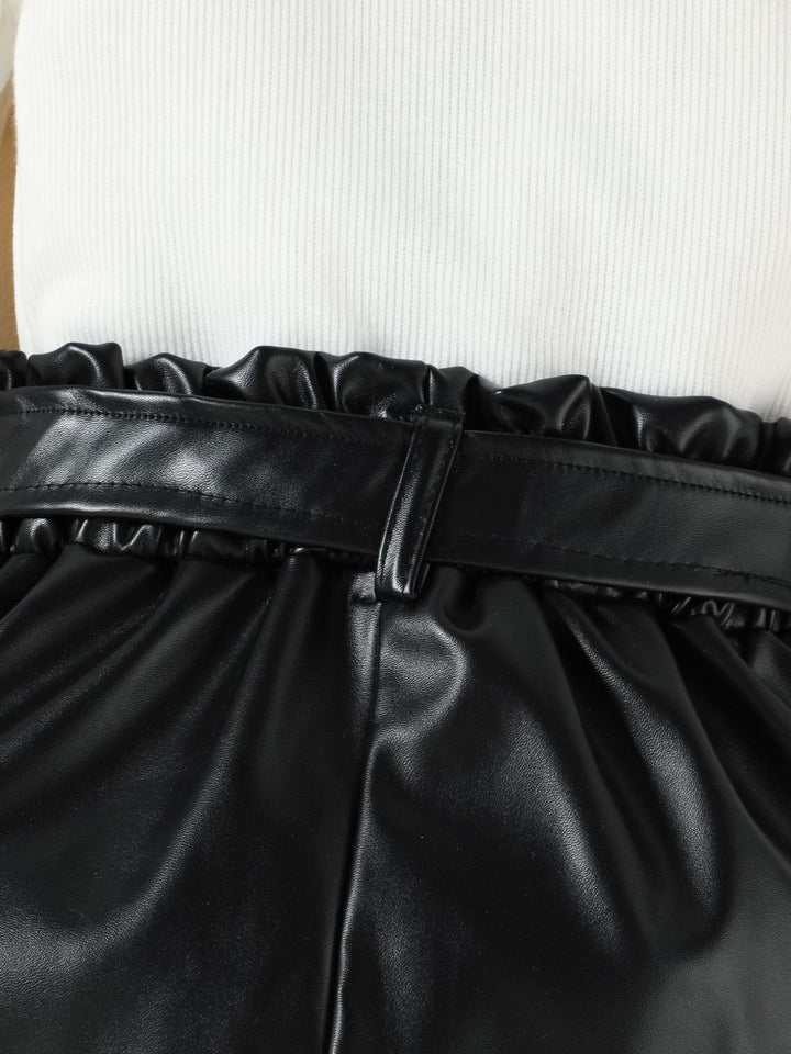 Children's Ruffled Pearl Embellished Top & Faux Leather Shorts Set with Belt