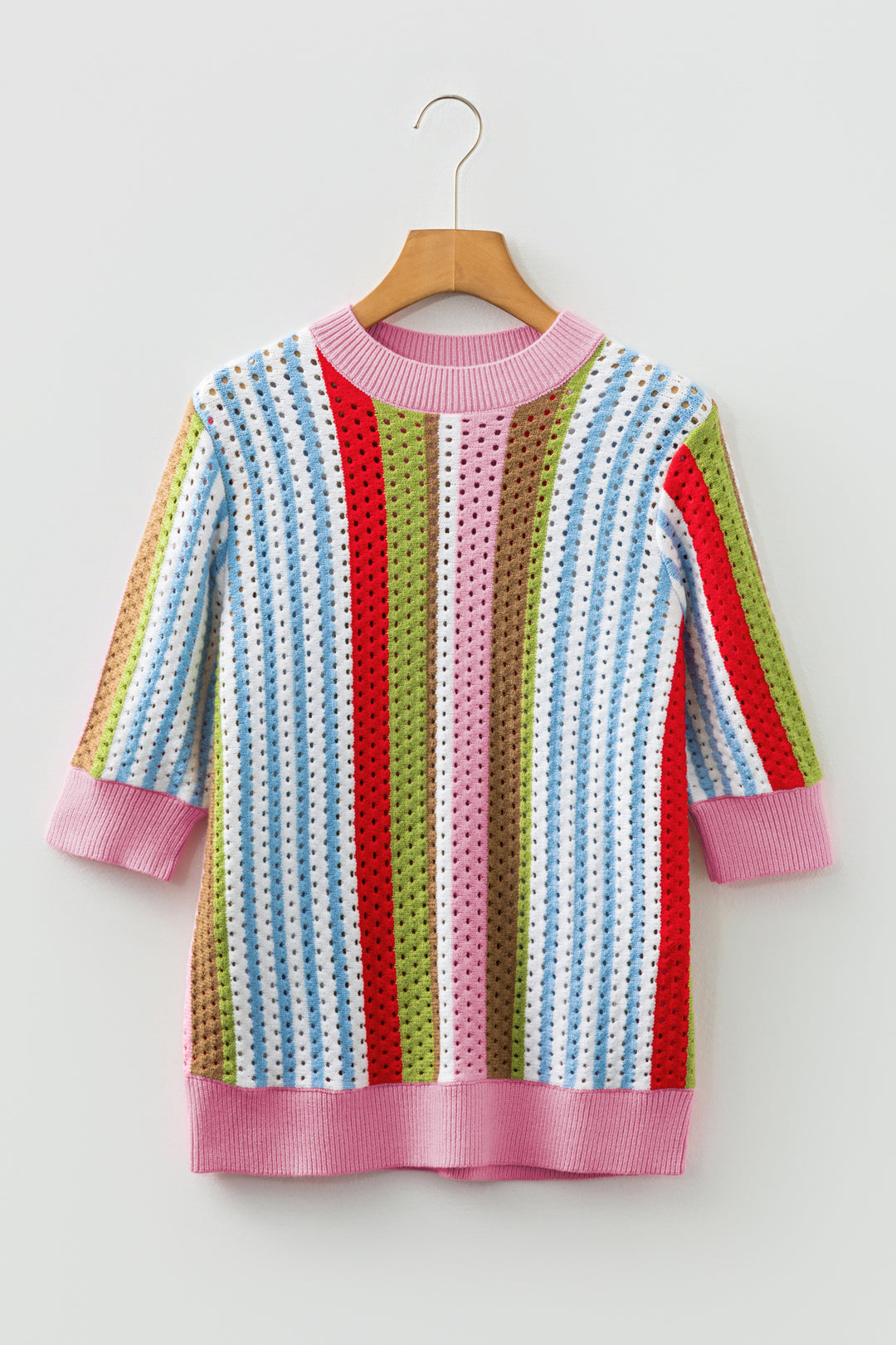 Multicolour Striped Pointelle Knit Short Sleeve Sweater