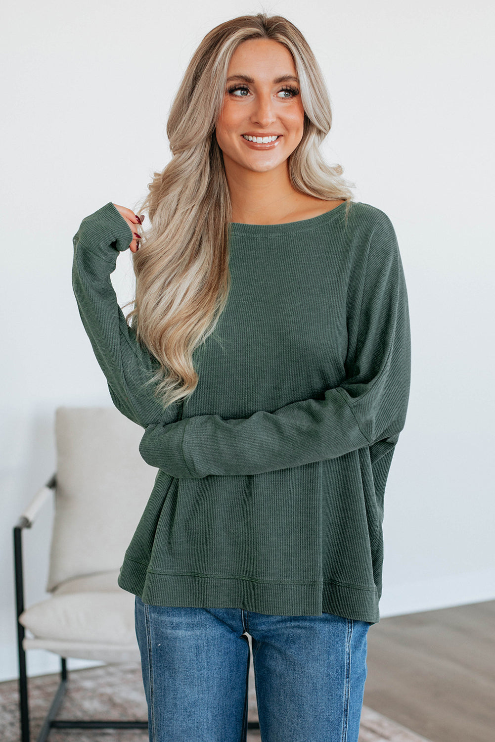Mist Green Waffle Knit Patchwork Long Sleeve Loose Top