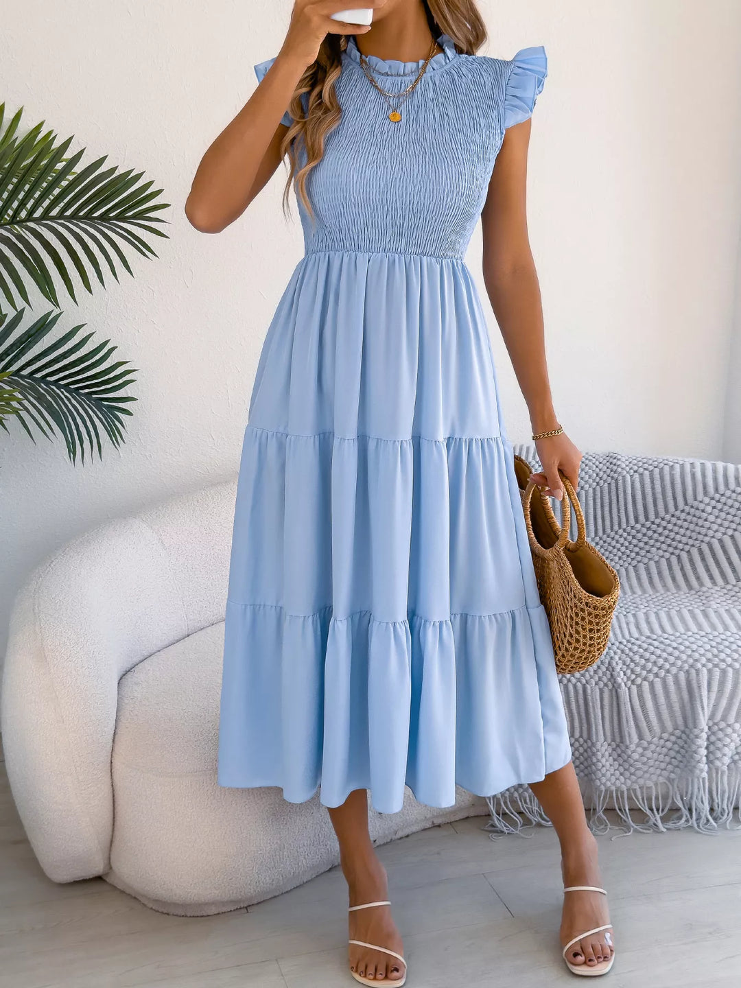 Smocked Ruffled Cap Sleeve Dress