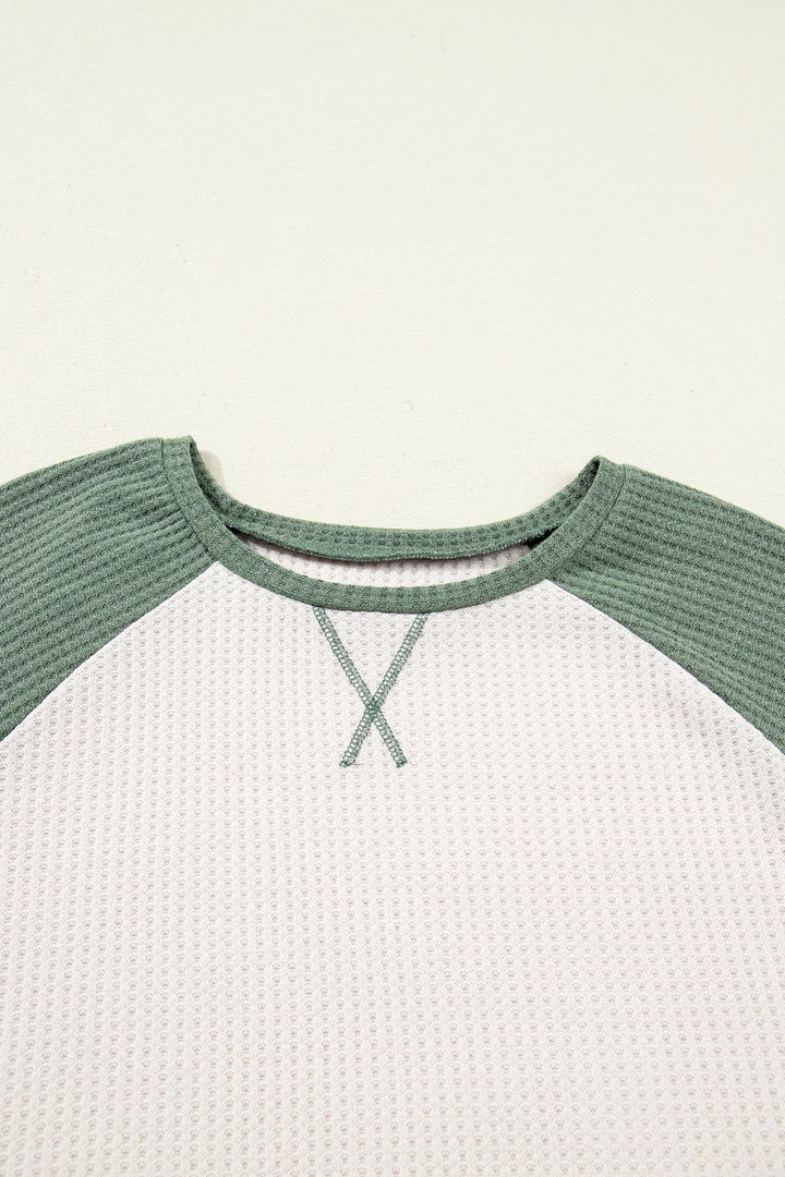 Mist Green Plus Size Waffled Color Block Long Sleeve Top