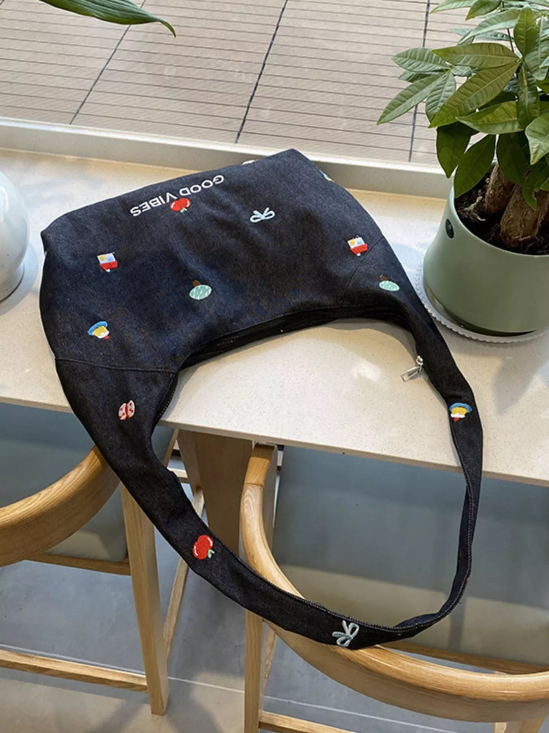 Embroidered Denim Crossbody Bag