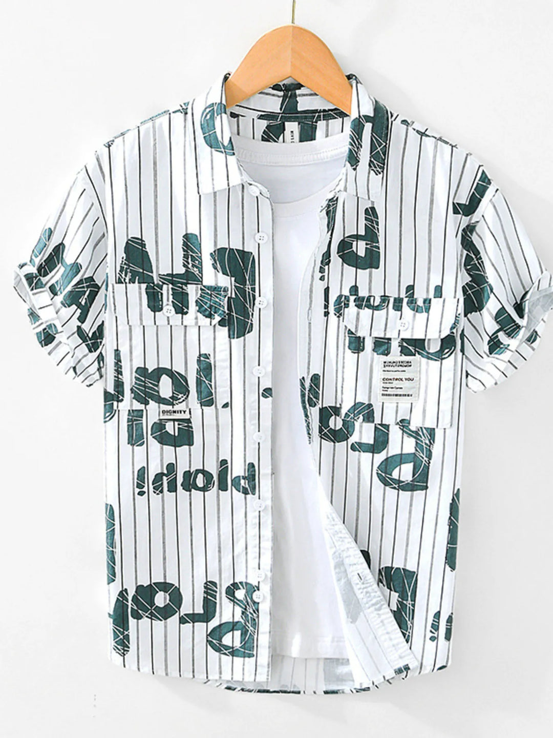 Men's Plus Size Letter Print Striped Short Sleeve Casual Shirt
