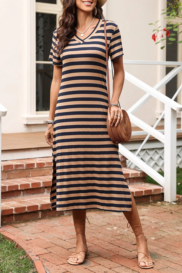 Casual Striped V-Neck Midi T-Shirt Dress