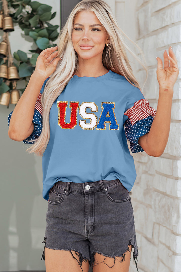 Beau Blue USA Chenille Lettering Stars and Stripes Patchwork Sleeve Top