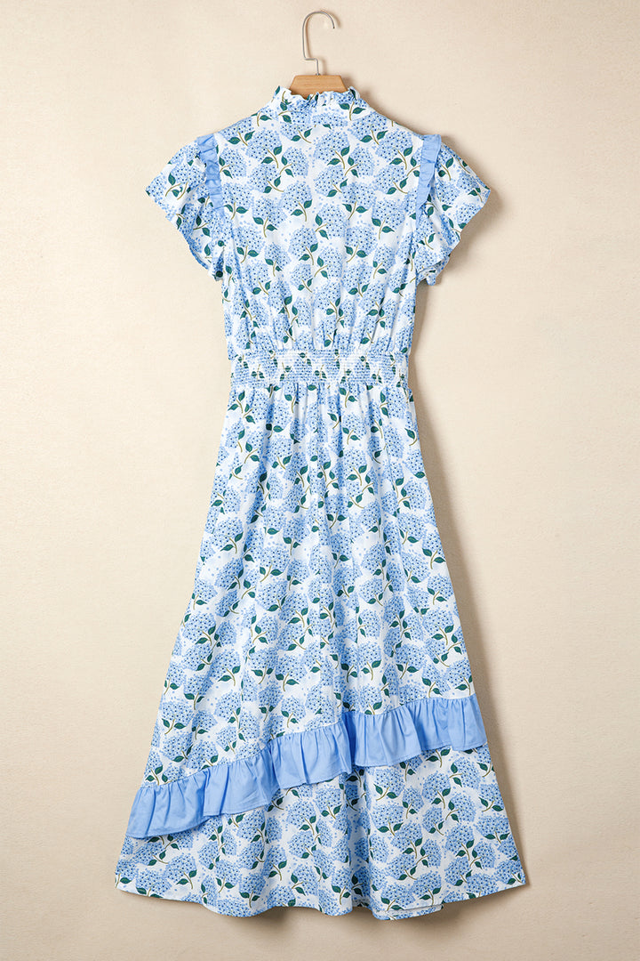 Sky Blue Hydrangea Floral Print Ruffle Trim Flutter Sleeve Long Dress