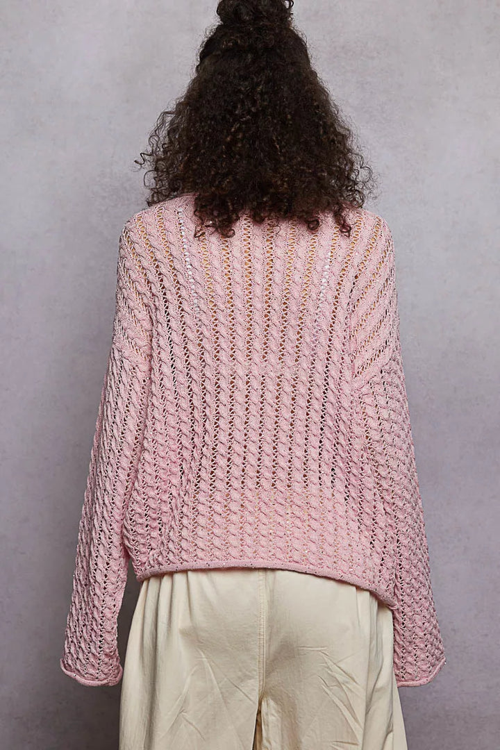 POL Openwork Round Neck Knit Top with Shiny Detail