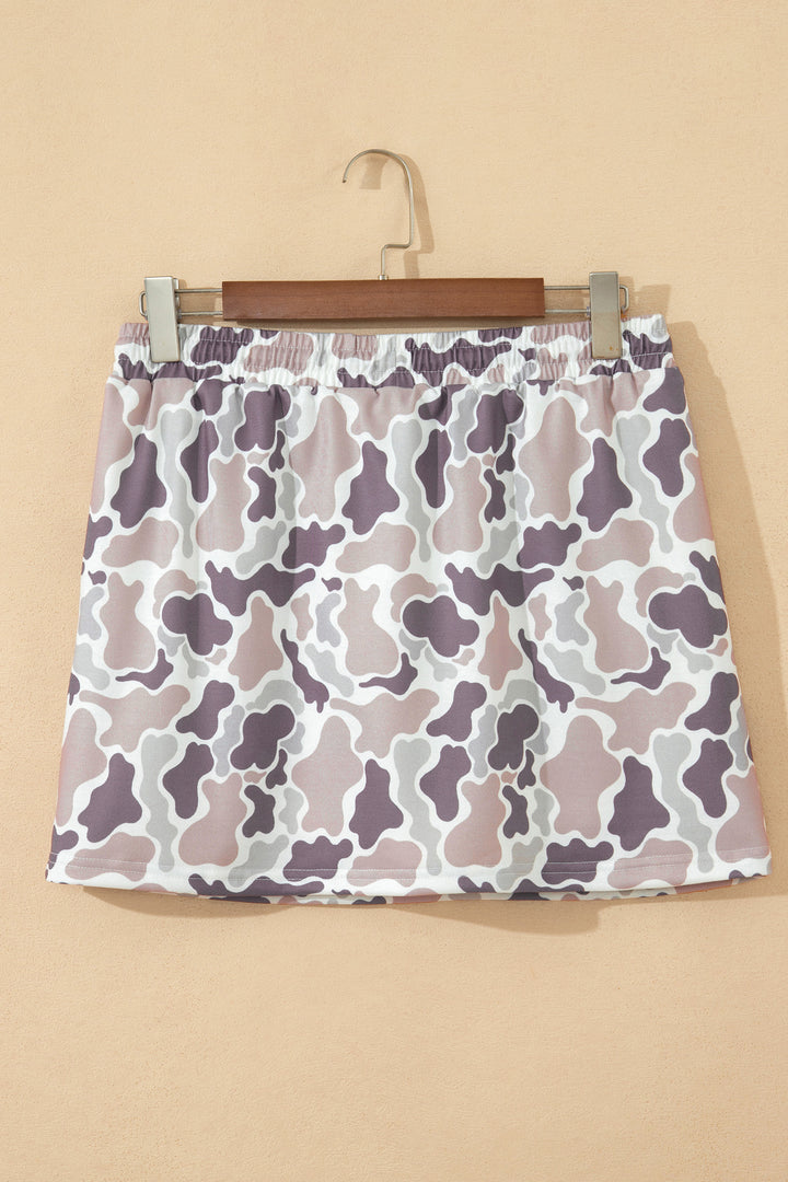 Khaki Abstract Camo Elastic Waist Drawstring Mini Skort