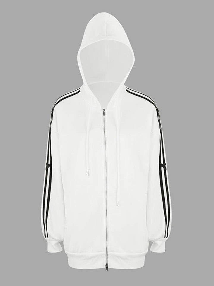 Striped Sleeve Zip-Up Drawstring Hoodie