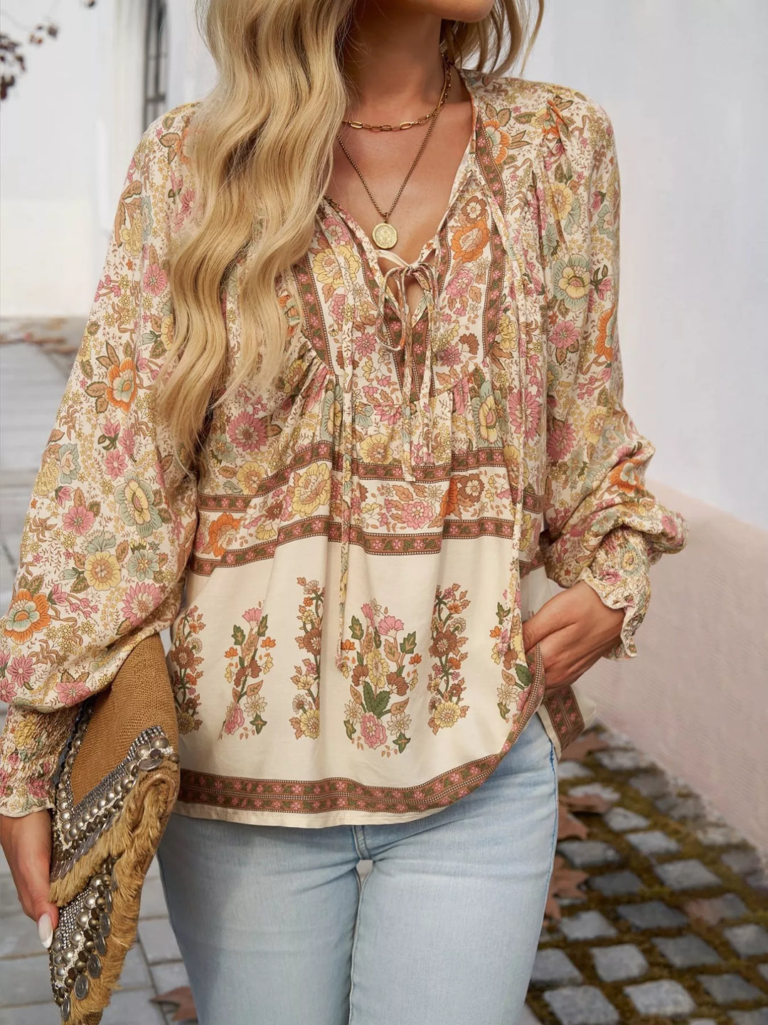 Floral Print Tie Neck Bohemian Blouse