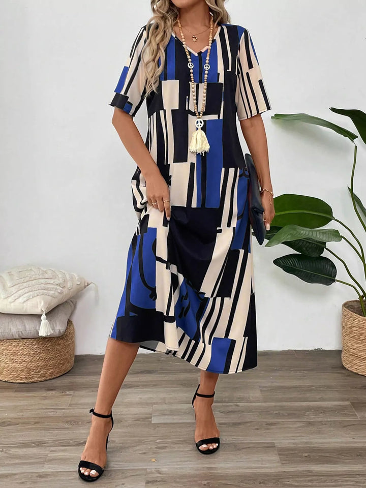 Abstract Geometric Print V-Neck Midi Dress