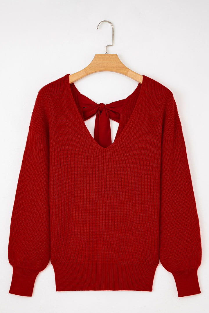 Racing Red Lantern Sleeve V Neck Knot Back Sweater