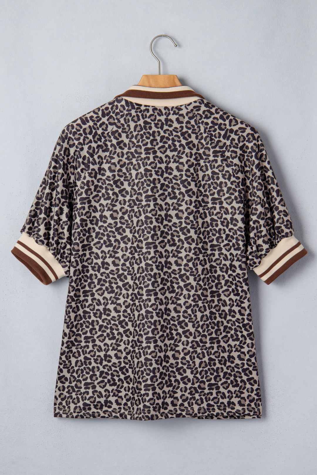 Khaki Leopard Print Half Zip Striped Trim Patchwork Short Sleeve Top