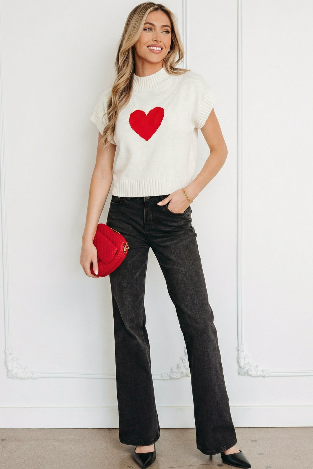 White Valentine Heart Graphic Cropped Short Sleeve Sweater