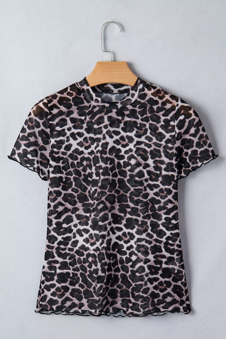 Leopard Print Sheer Mesh Short Sleeve Top