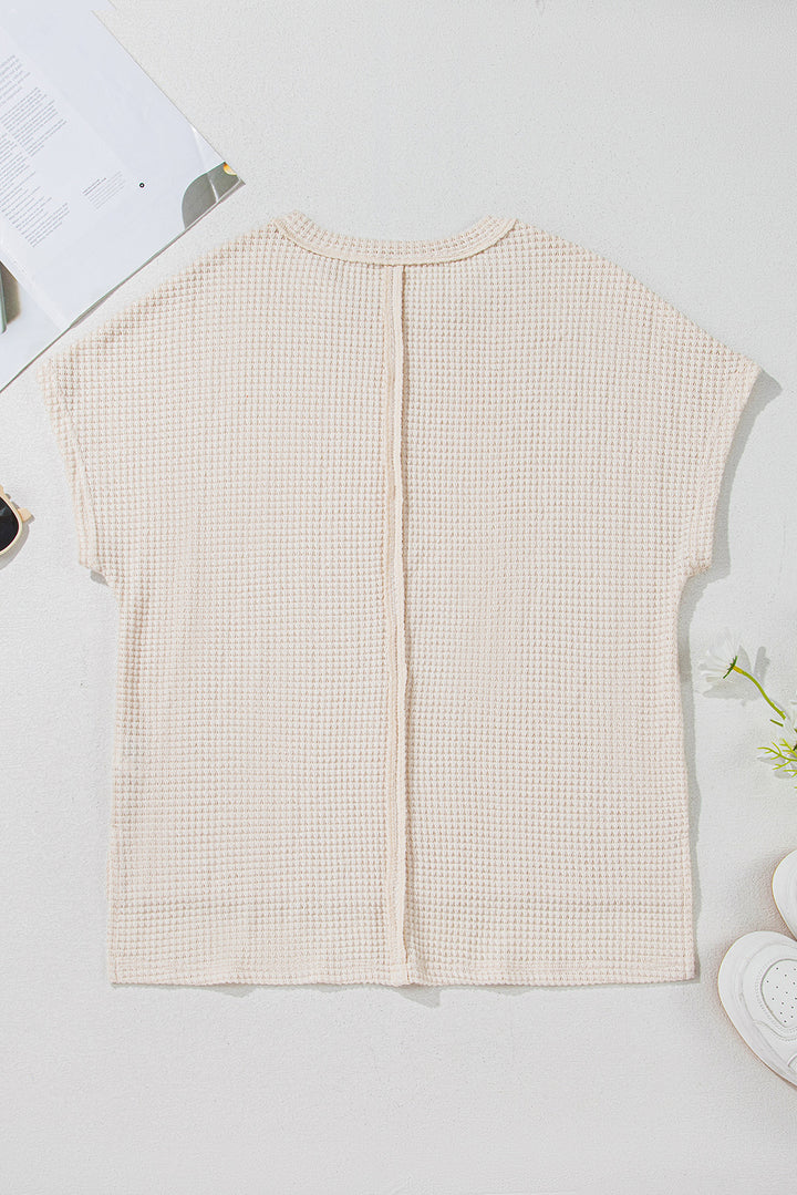 Pale Khaki Solid Color Textured Seamed Short Sleeve Top