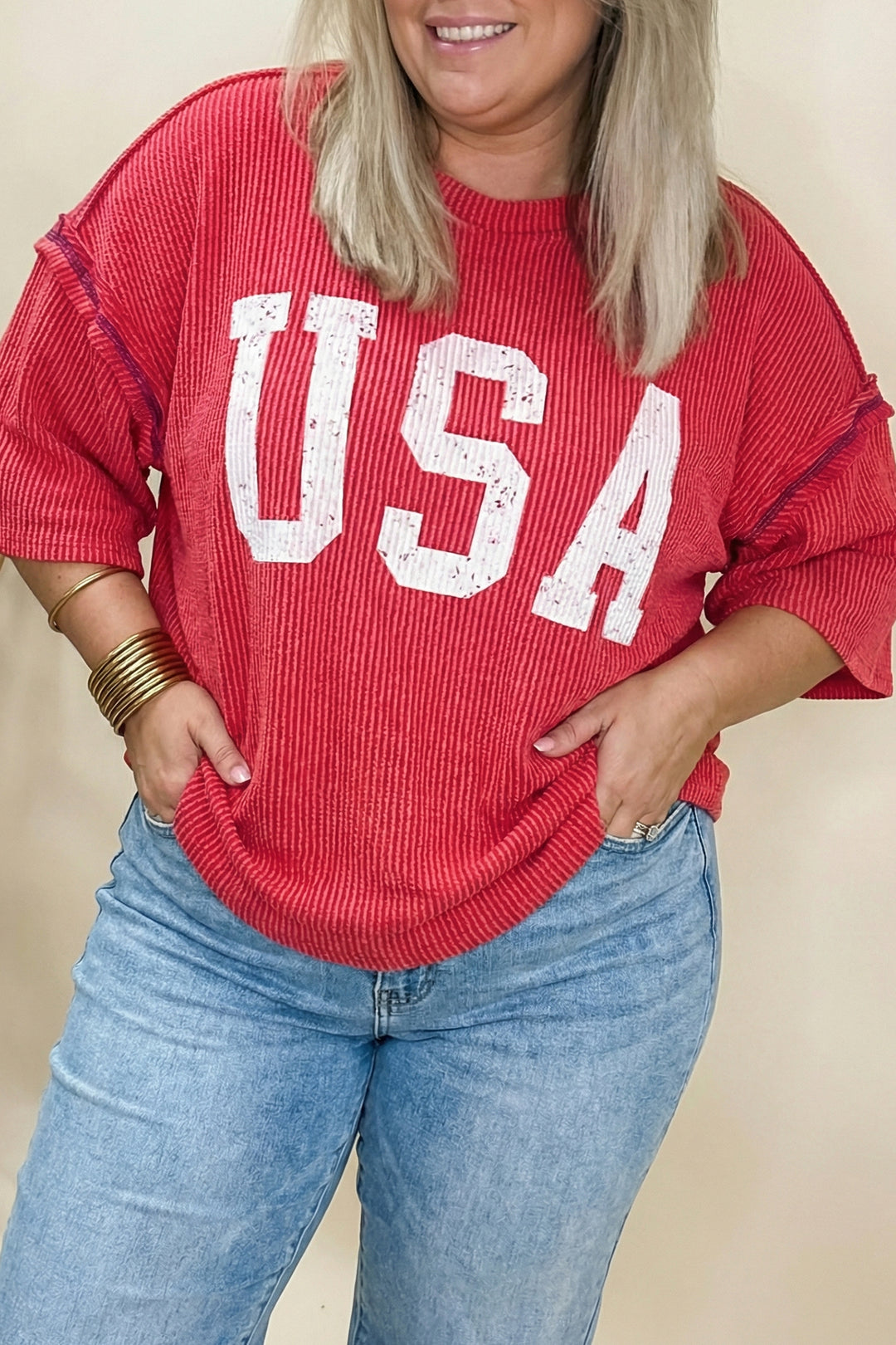 White Plus Size Twisted Rib Vintage USA Letter Printed T Shirt