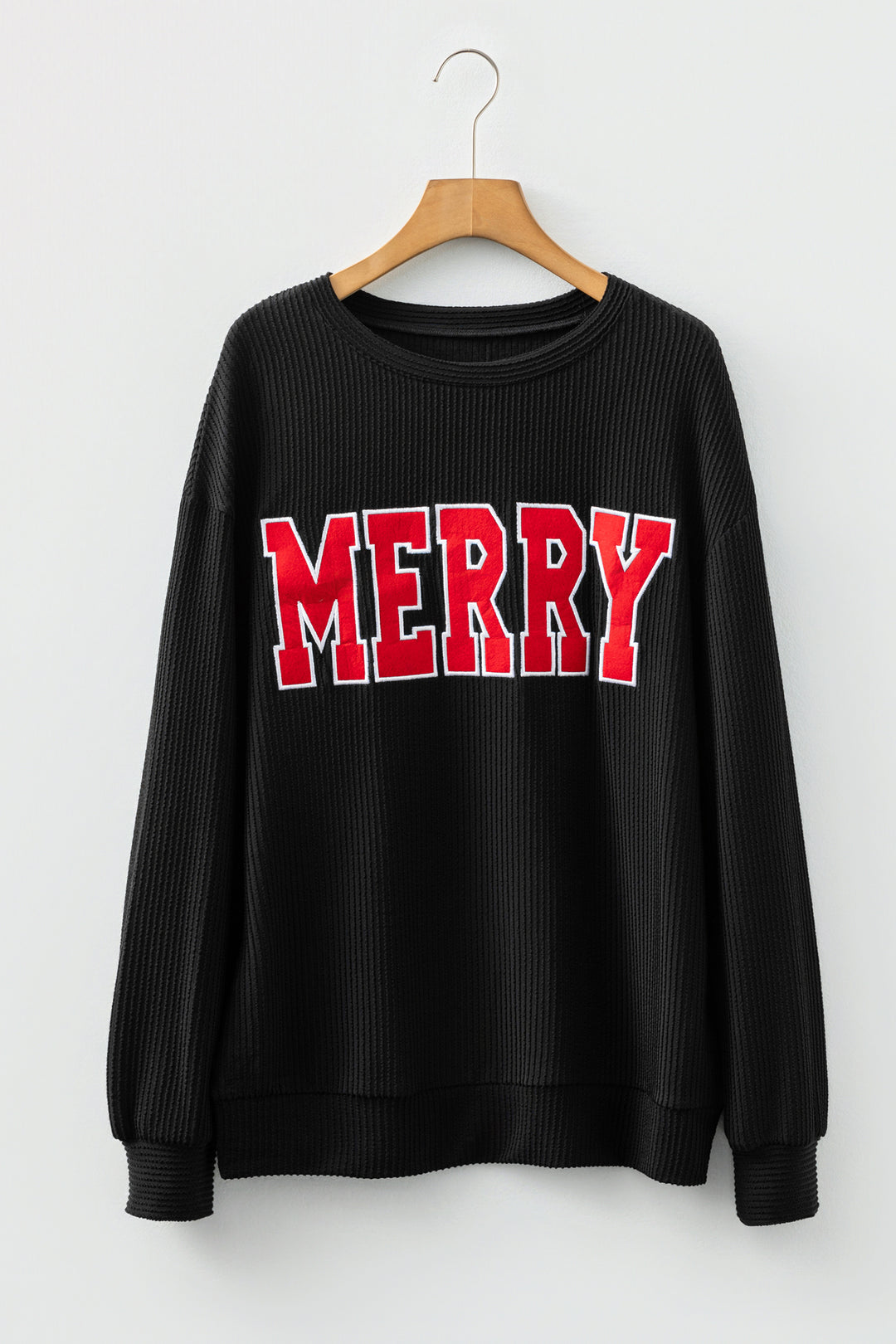 Black Twisted Rib Outlined Merry Letter Graphic Loose Long Sleeve Top