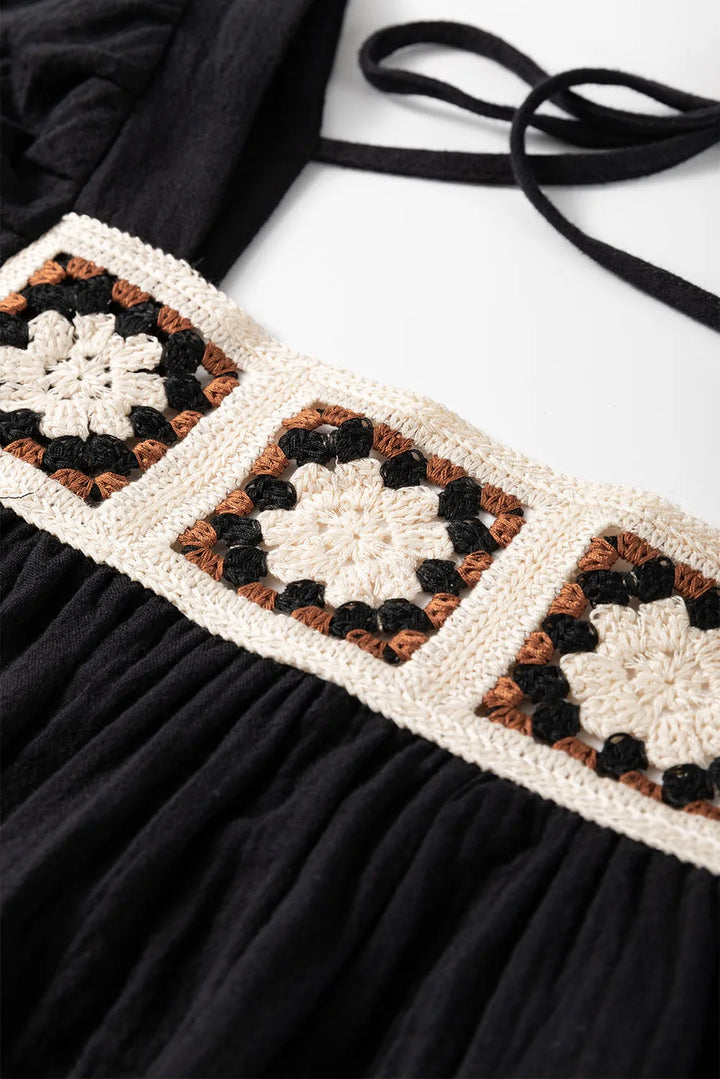 Flower Crochet Square Neck Puff Sleeve Blouse