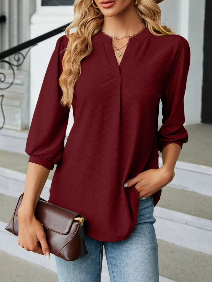Notched 3/4 Sleeve Casual Top