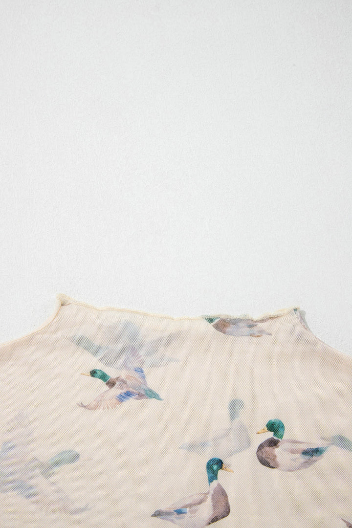 Beige Mallard Sheer Mesh Short Sleeve Top