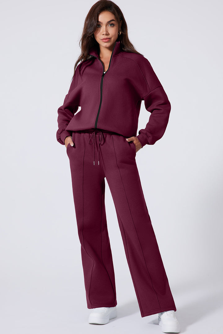 Burgundy Drop Shoulder Zip Up Jacket Drawstring Pants Active 2pcs Set