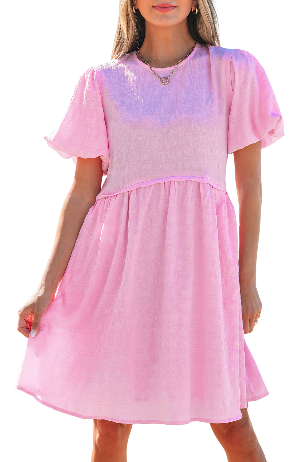 Bonbon Textured Bubble Sleeve High Waist Mini Dress