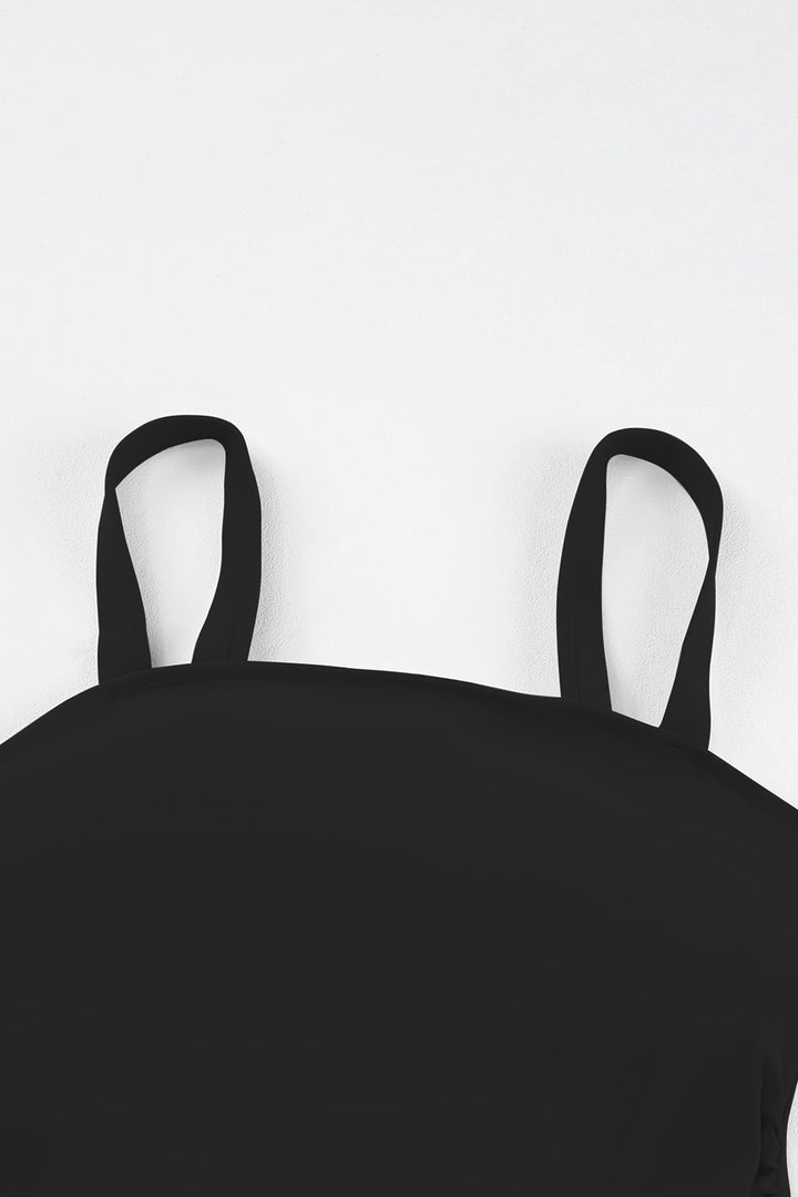 黑色純色方領無袖坦基尼泳衣