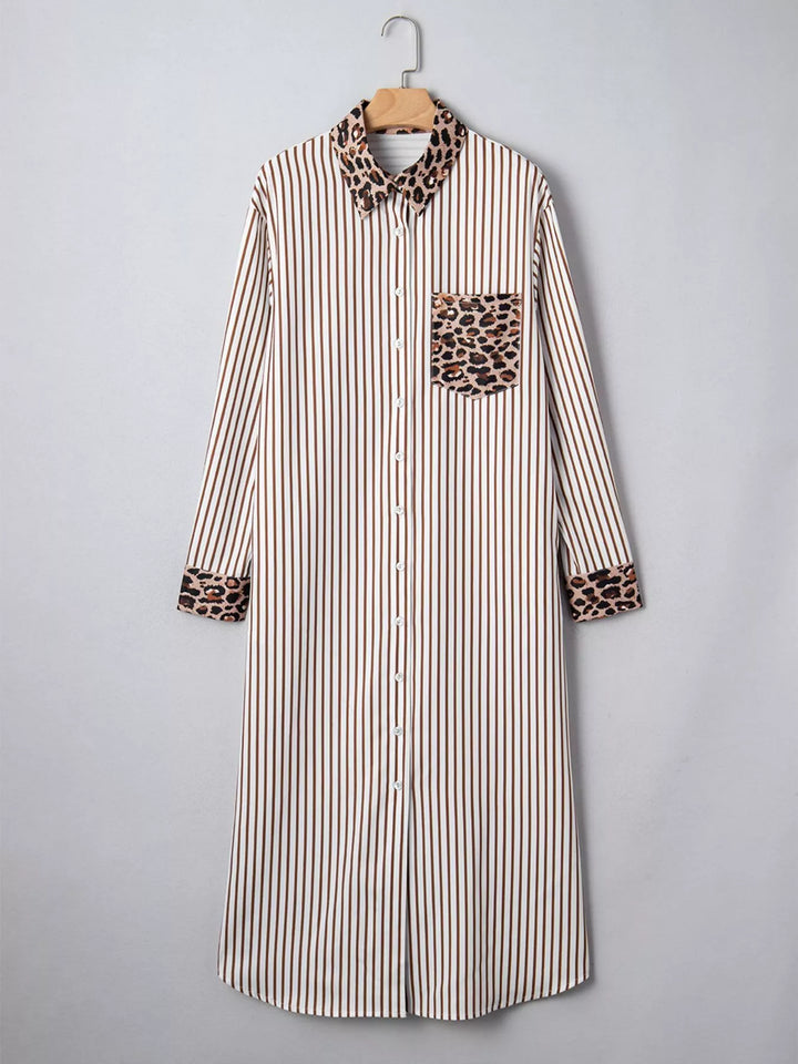 Striped Leopard Print Button Up Shirt Dress