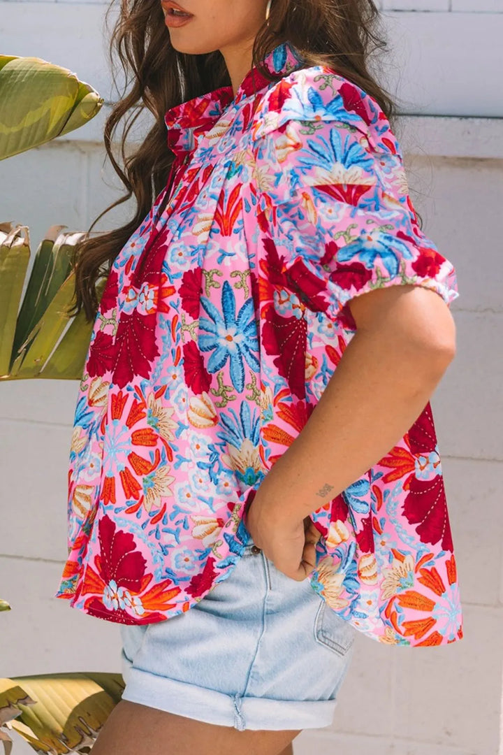Floral Puff Sleeve Button-Up Top