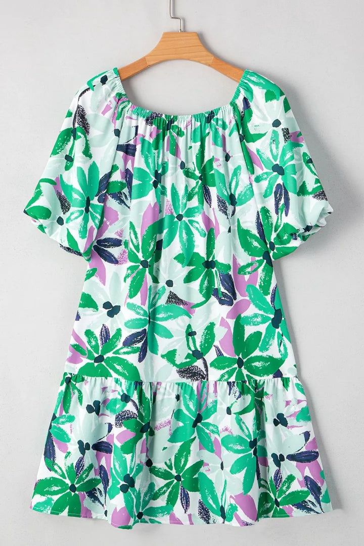 Floral Print Shirred Square Neck Loose Fit Mini Dress